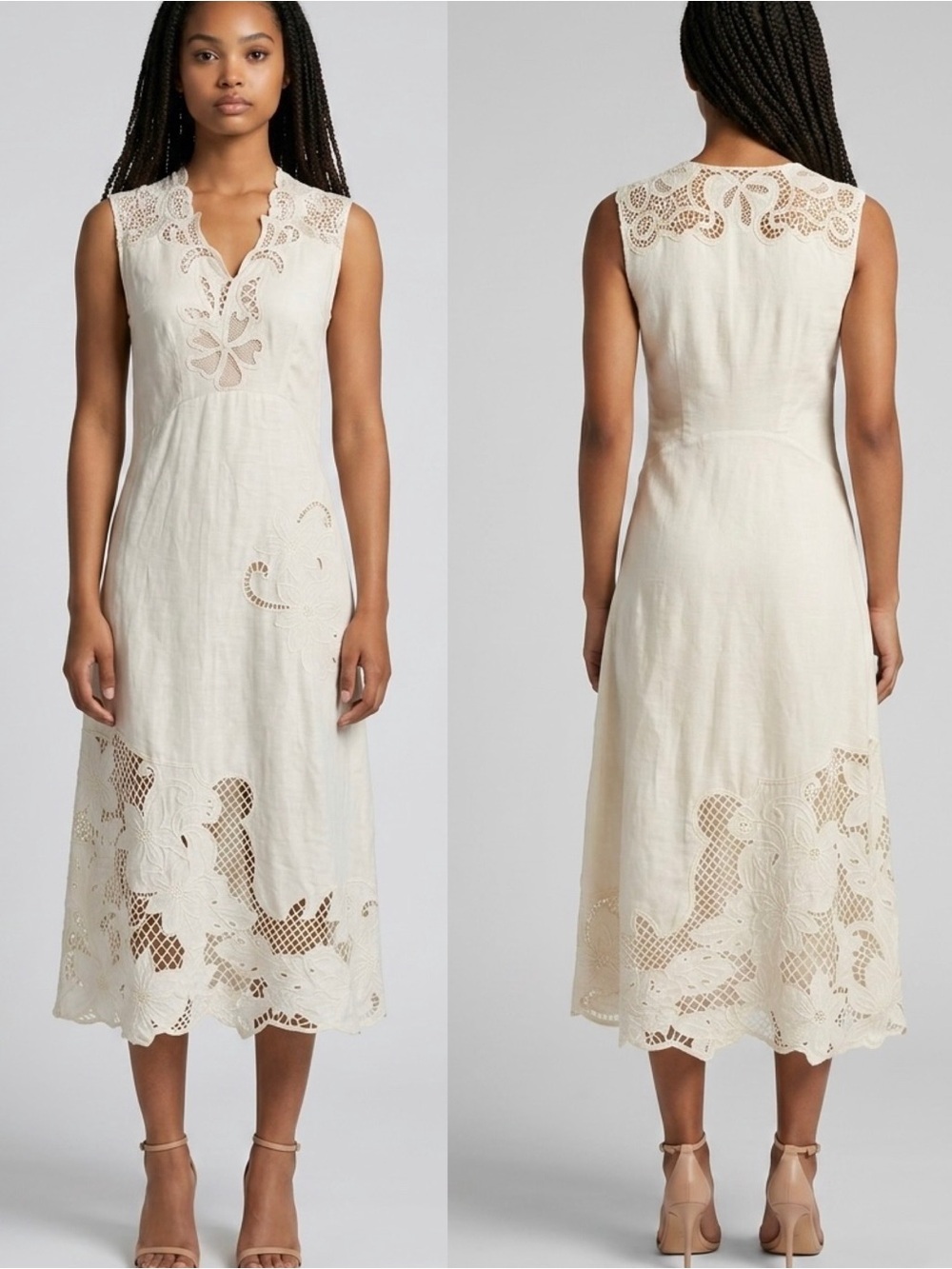 Elie Tahari Women's Linen Blend Guipure Lace A-Line Ivory Maxi Dress Size 6 NEW